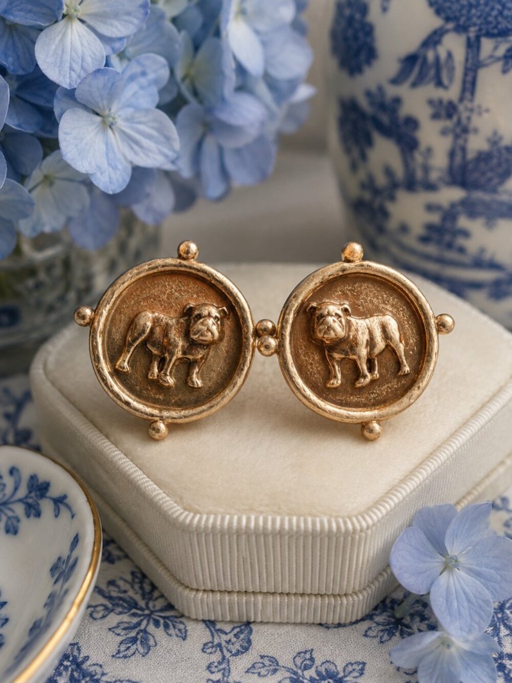 Gold Bulldog Medallion Earrings, Round Dog Statement Earrings, Bulldog Lover Gif